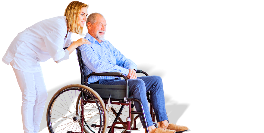 staff and elder man on wheelchair